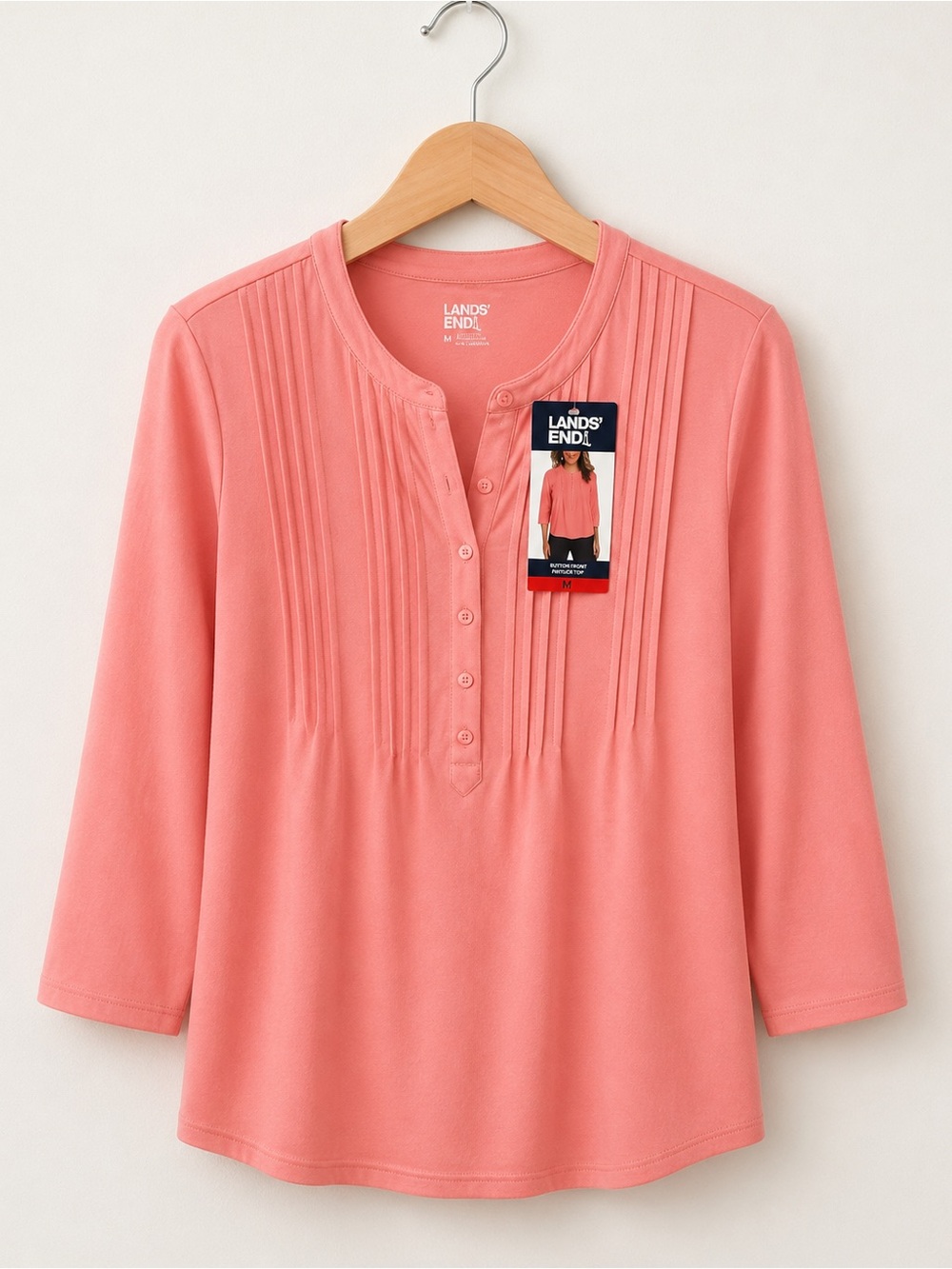 Lands' End Coral Pink Cotton Modal Pintuck Button Front Henley 3/4 Sleeve Tunic
